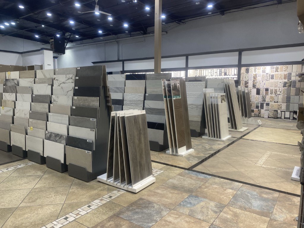 Tile sample displays in the showroom